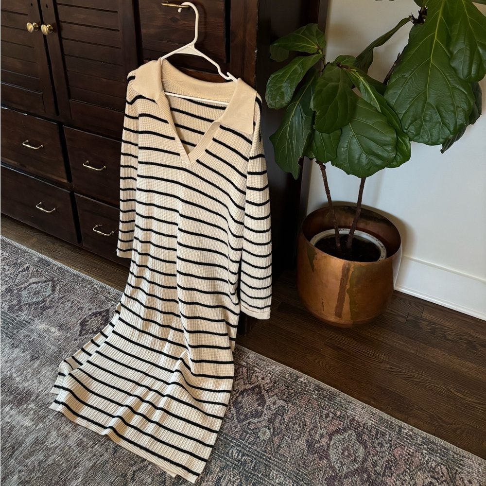 Striped Knit Collared Dress in Cream and Black